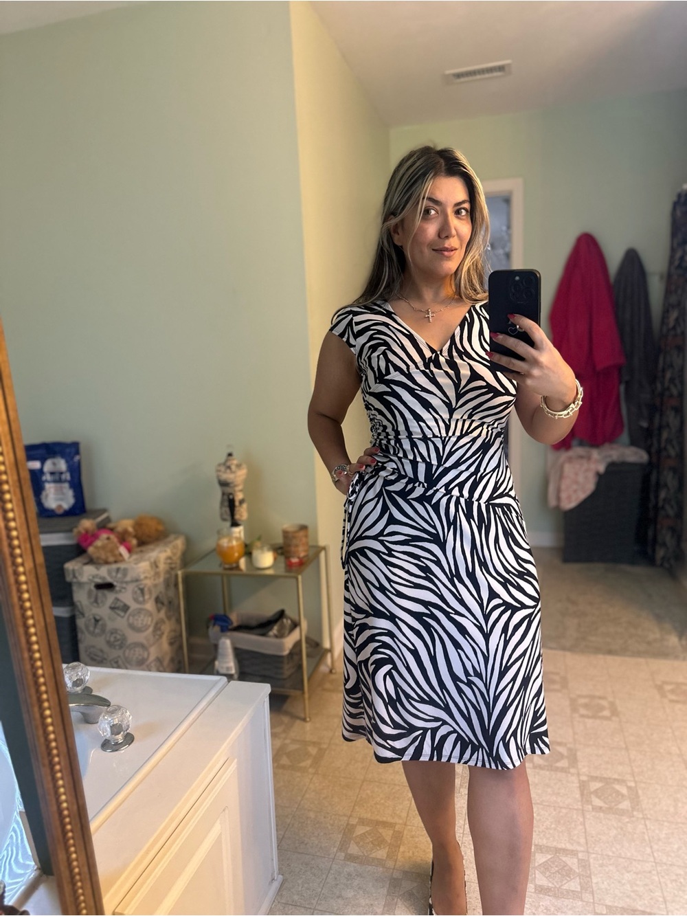 Zebra-Print V-Neck Midi Dress in Black & White